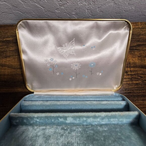 Vintage MCM Farrington Travel Size Cream Floral Jewelry Box Blue Velvet Lining - Picture 2 of 15